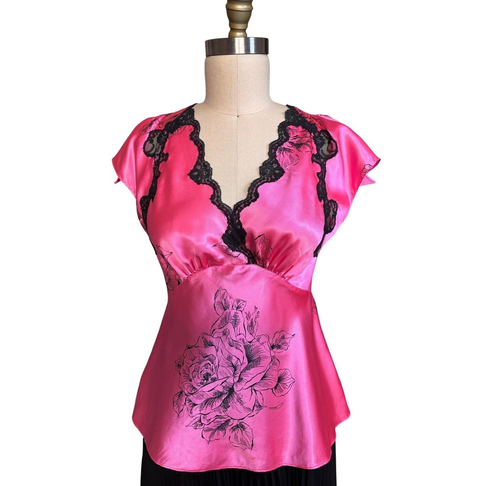 Floral Lace Trim Top Betsey Johnson Satin Blouse Medium Pink Vintage